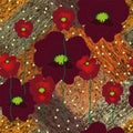 Seamless grunge striped diagonal pattern with floral applique of red poppies